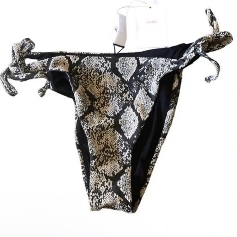 Andies Swim  The String Bikini Bottom, Snakeskin, Black, Tan Size Medium $56